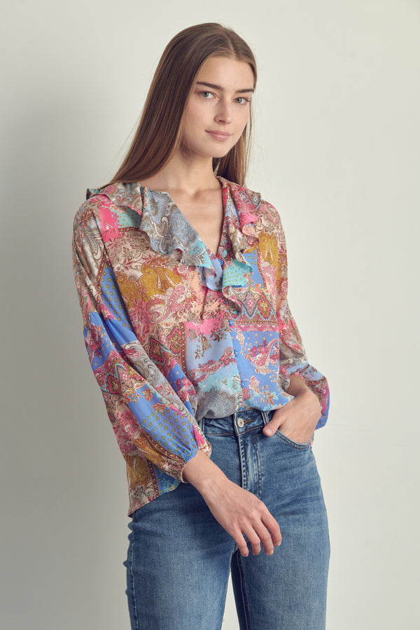 Ruffled V-Neck Patchwork Blouse