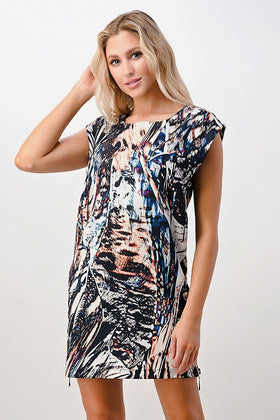 Abstract Print Cap-Sleeve Mini Dress