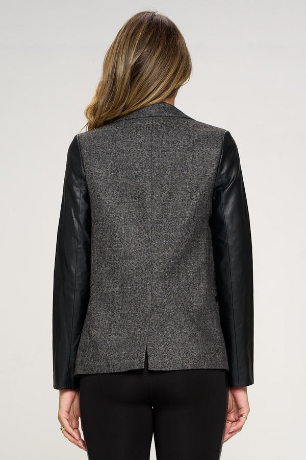 Textured Blazer with Faux Leather Sleeves – Sophisticated Edge