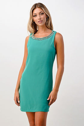 Embellished Neckline Sleeveless Shift Dress