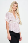 Lace Detail V-Neck Blouse with Short Sleeves