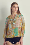 Ruffled V-Neck Patchwork Blouse