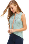 Sleeveless Button-Up Blouse with Intricate Embroidery