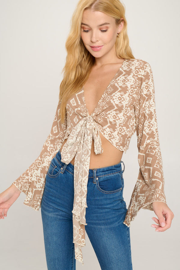 Boho Bell-Sleeve Crop Top with Tie-Front