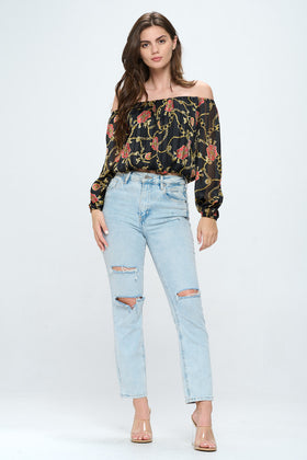 Off-Shoulder Printed Crop Top with Long Sleeves