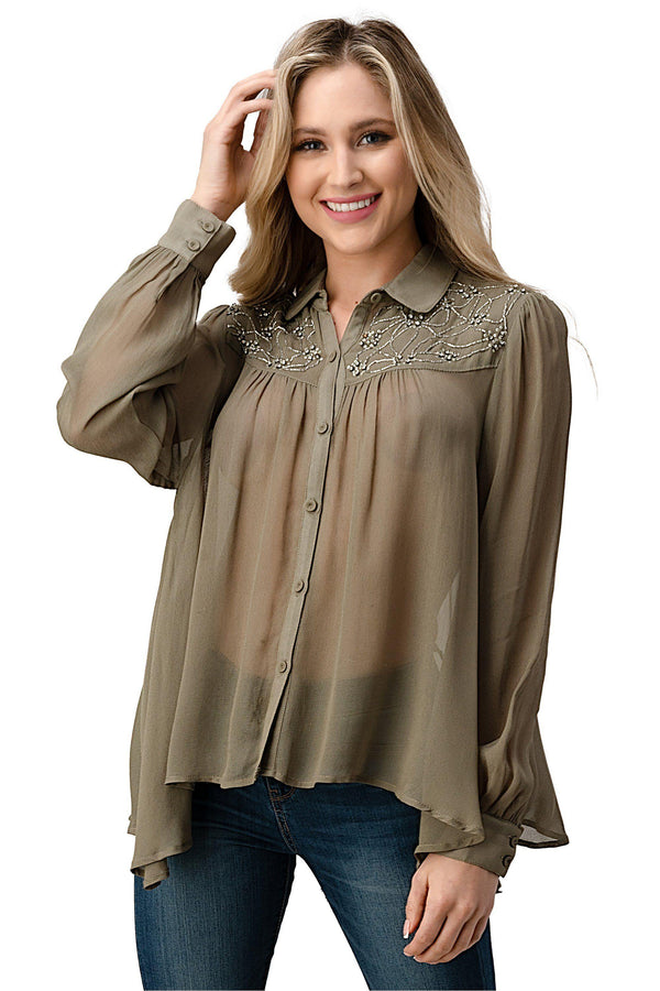 Mesh Blouse Shirt Top with Beaded Jewel Trim