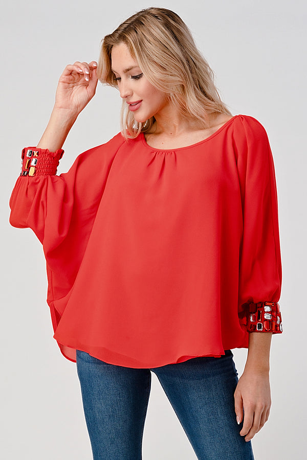 Women's Flowing Blouse with Embellished Cuffed Sleeves