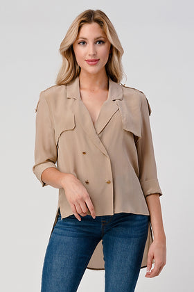 Double-Breasted Button-Up Blouse with Rolled Sleeves