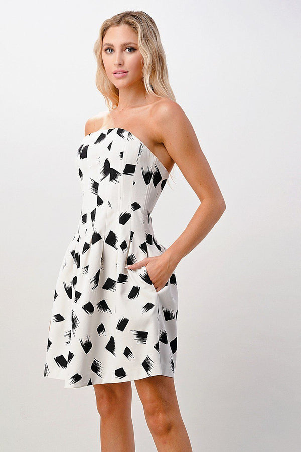 Paint brush printed tube tucked mini dress