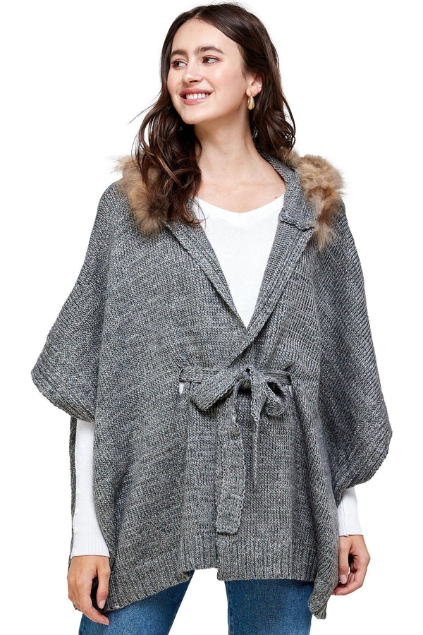 Hoodie Poncho Sweater Cardigan Fur Trim Top - MILEY + MOLLY