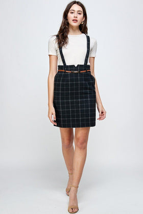 Plaid Suspender Skirt with Belt Detail