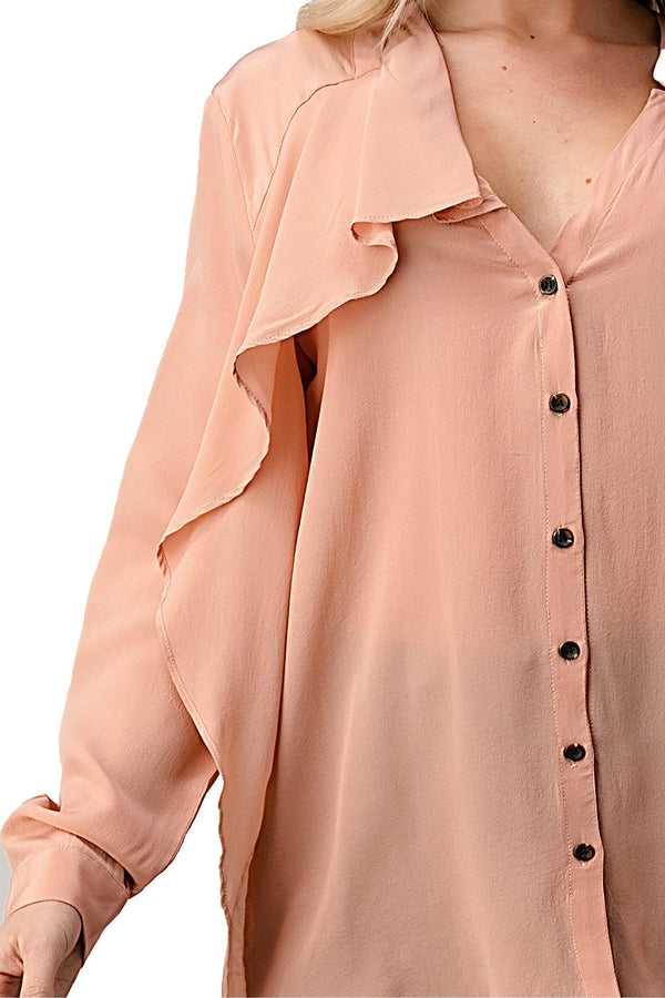 Ruffled Neck Button Front Shirts With Long Sleeves