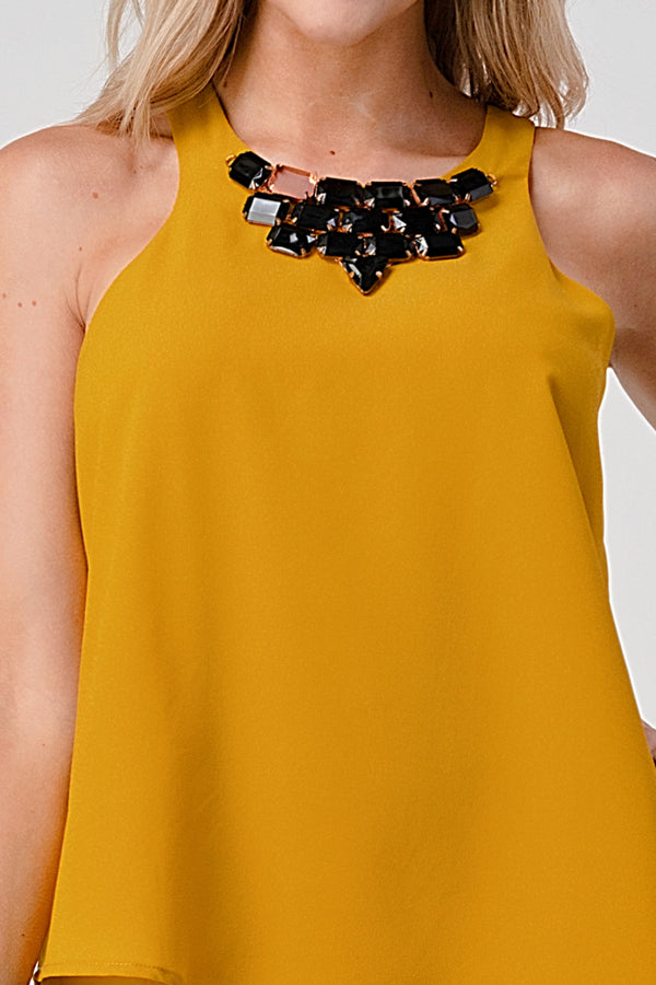 Sleeveless High-Low Top with Beaded Neckline