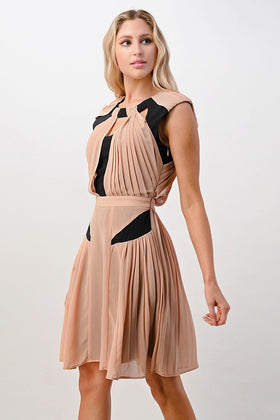 Pleated Cutout Midi Dress with Contrast Panels