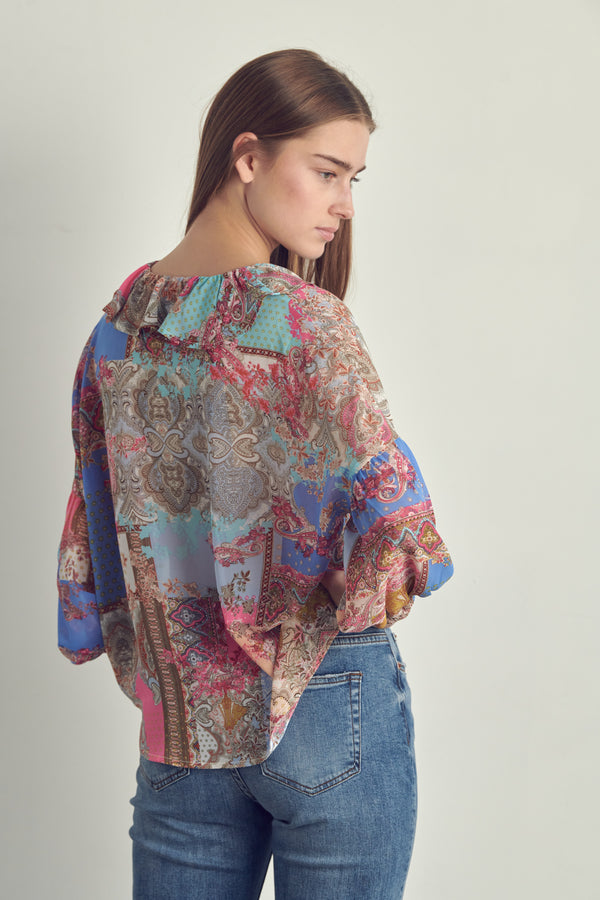 Ruffled V-Neck Patchwork Blouse