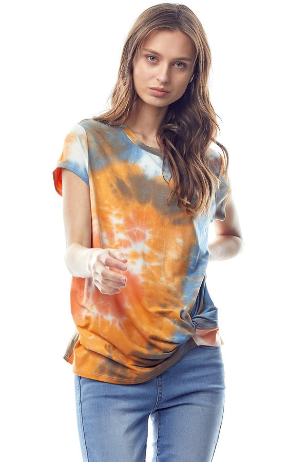 Tie Dye Jersey Top with Crew Neck Twist Hem