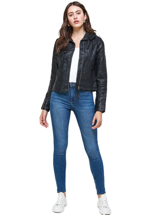 Faux Leather Moto Jacket with Zip Front and Buckle Details