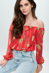 Off-Shoulder Printed Crop Top with Long Sleeves