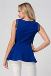 Peplum Zip-Front Sleeveless Top with Metallic Shoulder Detail