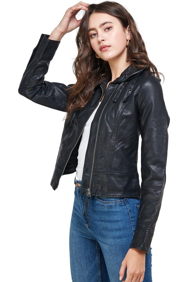 Double Buckle High Neck Vegan Leather Biker Jacket - MILEY + MOLLY