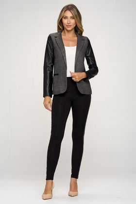 Textured Blazer with Faux Leather Sleeves – Sophisticated Edge