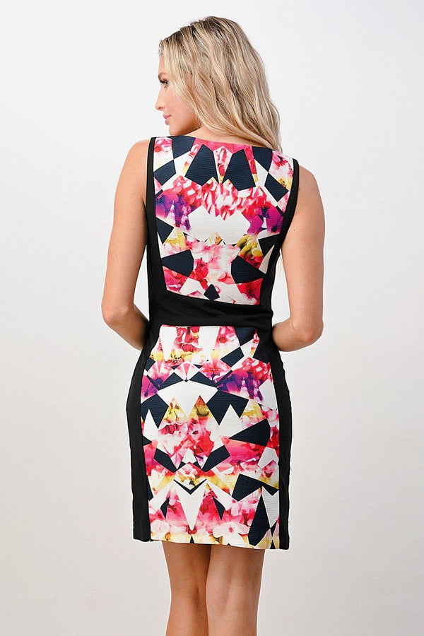 Kaleidoscope printed boat neck fashion mini dress