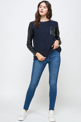 Chunky Knit Sweater with Faux Leather Sleeves and Pocket