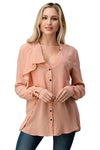 Ruffled Neck Button Front Shirts With Long Sleeves