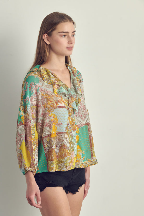 Ruffled V-Neck Patchwork Blouse