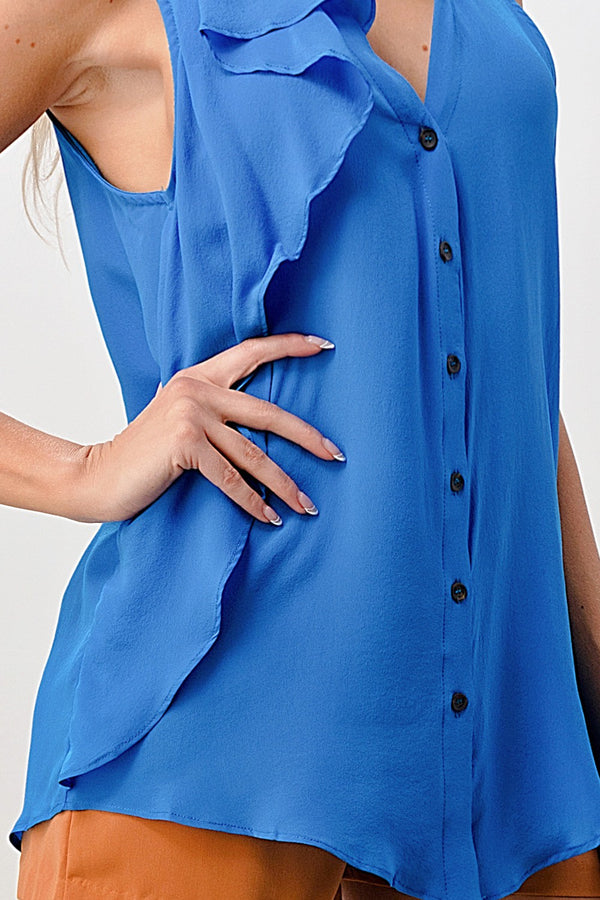 Sleeveless Button-Up Ruffle Blouse