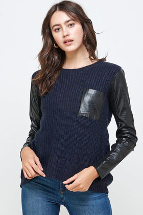 Chunky Knit Sweater with Faux Leather Sleeves and Pocket