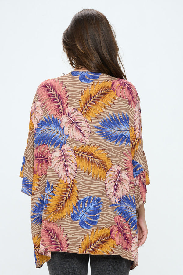 Tropical Leaf Print Open-Front Kimono Cardigan