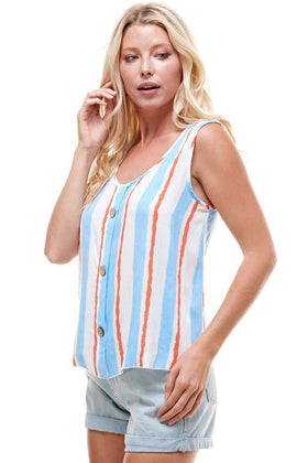 Sleeveless Button-Front Striped Tank Top