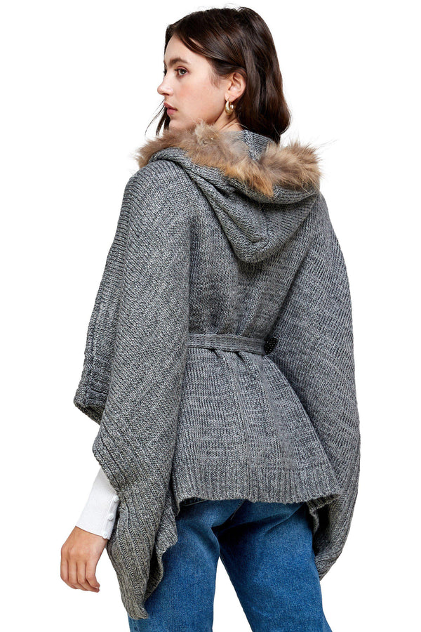 Hoodie Poncho Sweater Cardigan Fur Trim Top - MILEY + MOLLY