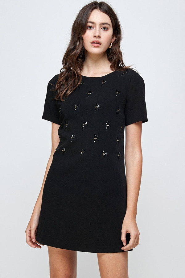 Hand beaded front jewel mini dress