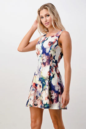 Sleeveless A-Line Dress with Watercolor Floral Print