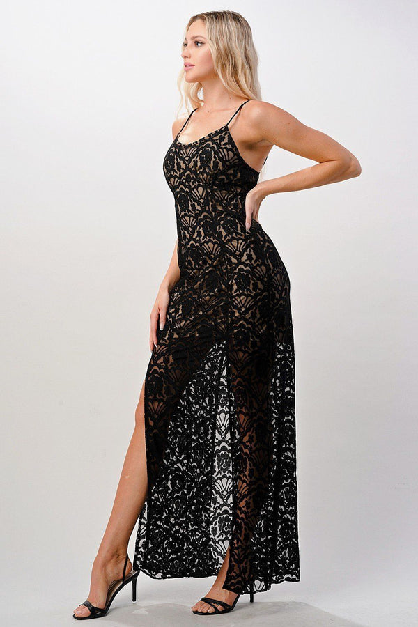 Front slit lace maxi dress