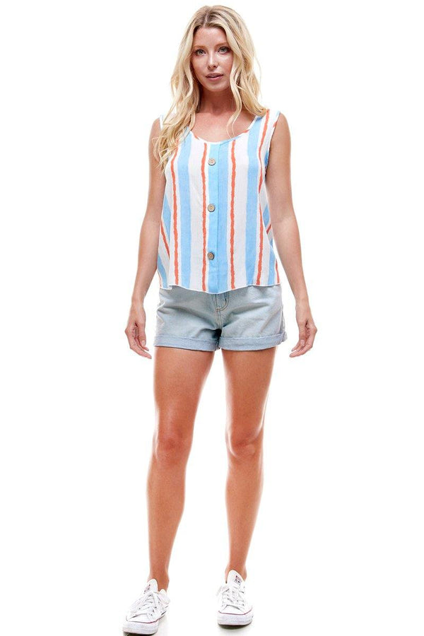 Multi Stripe Tie Shoulder Button Swing Top