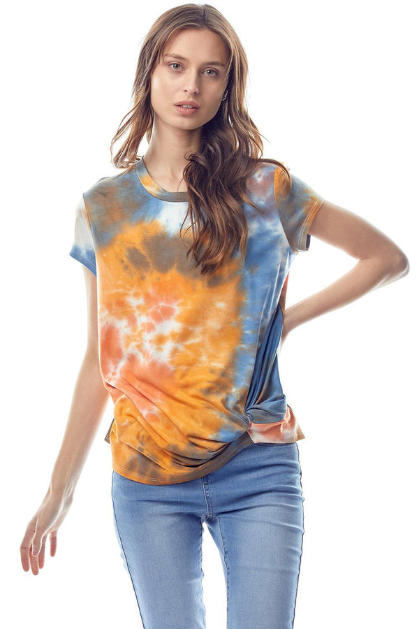 Tie Dye Jersey Top with Crew Neck Twist Hem