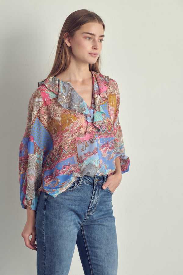 Ruffled V-Neck Patchwork Blouse