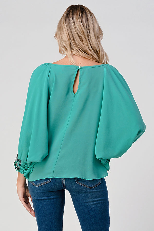 Women's Flowing Blouse with Embellished Cuffed Sleeves