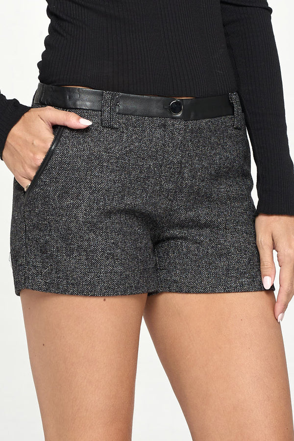 High-Waist Tweed Shorts with Faux Leather Trim