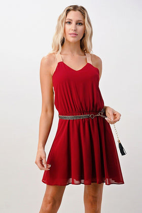 Chic Sleeveless V-Neck Dress with Chain Belt