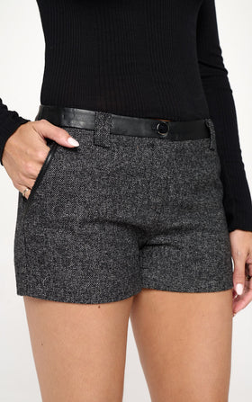 High-Waist Tweed Shorts with Faux Leather Trim