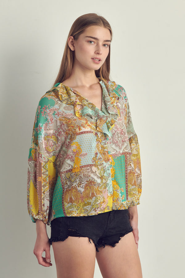 Ruffled V-Neck Patchwork Blouse