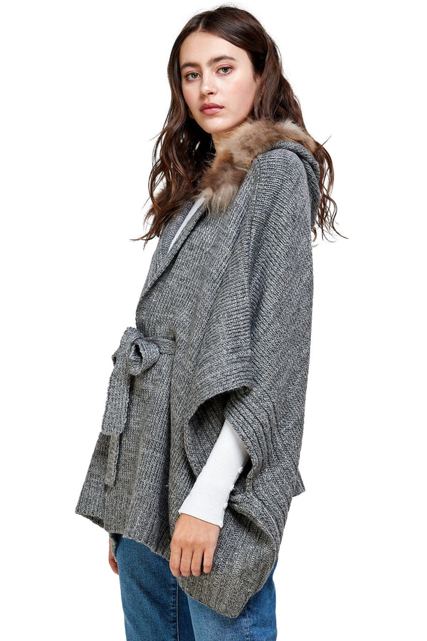 Hoodie Poncho Sweater Cardigan Fur Trim Top - MILEY + MOLLY