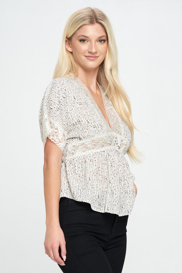 Lace Detail V-Neck Blouse with Short Sleeves