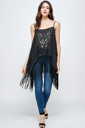 Embellished Fringe Hem Spaghetti Strap Top