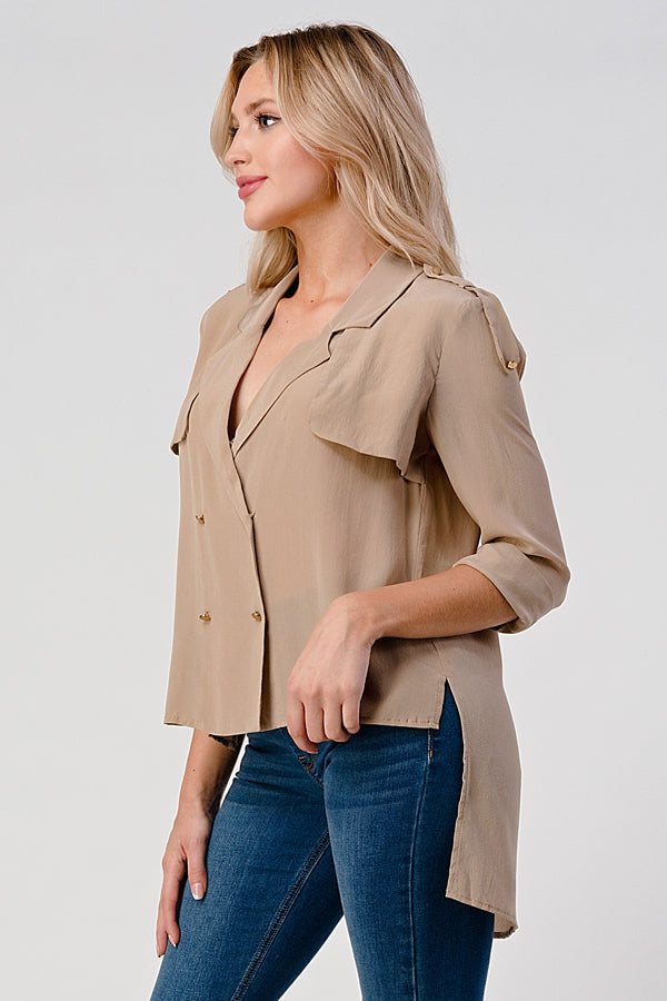 Double-Breasted Button-Up Blouse with Rolled Sleeves