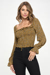 Smocked Floral Long Sleeve Top with Ruffle Neckline